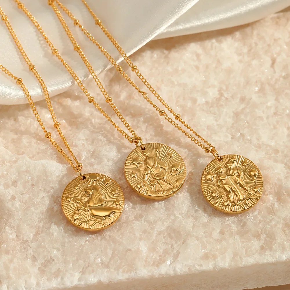 Fashion Zodiac Signs Stainless Steel Pendant Necklace for Men Women Luxury Twelve Constellations Embossed Clavicle Chain Jewelry