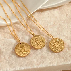 Fashion Zodiac Signs Stainless Steel Pendant Necklace for Men Women Luxury Twelve Constellations Embossed Clavicle Chain Jewelry