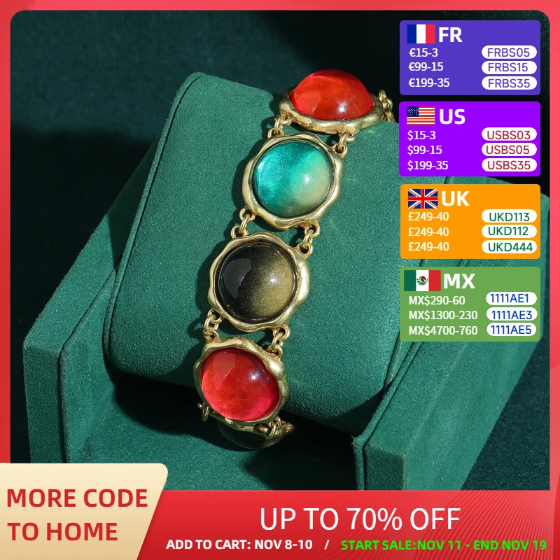 

Vintage Charm Colored Round Glass Bracelets Round For Women Natural Antique Gold Color Christmas Style Accessories Gift 2025 New