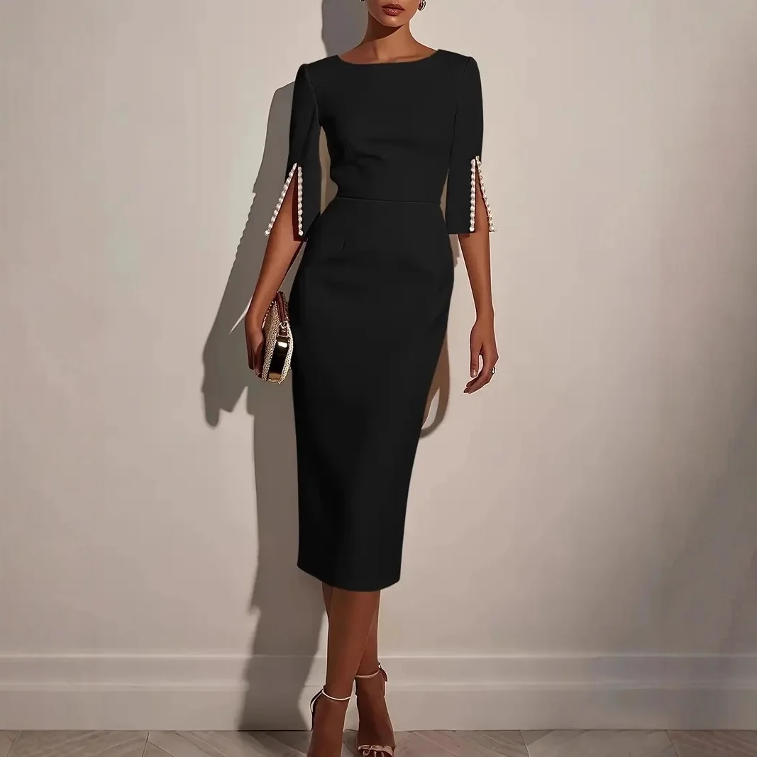 

Beaded Split Half Sleeves Party DressWomen Fashion O-neck Solid Color Commuter Dress Elegant Hight Waist Slimming Long Dresses