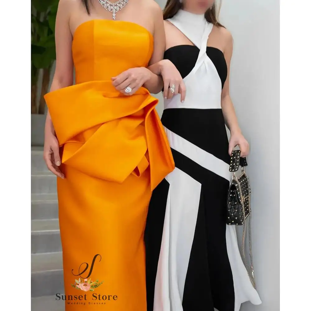 Customized Orange Sleeveless Floor Lenght Pleat Evening Dress Satin Straight Strapless Special Occasion Prom Dresses Elegant Wom