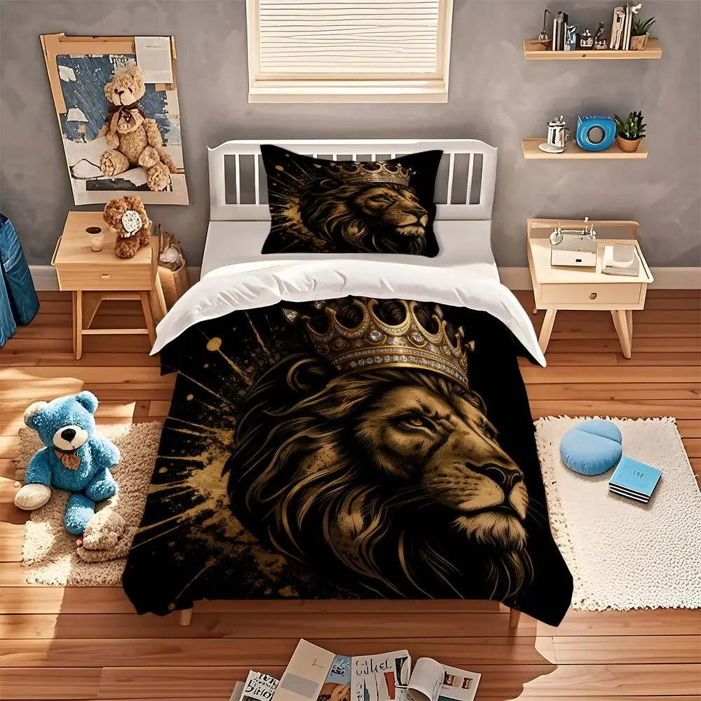 Golden Crown Lion Print Duvet Cover Set Comforter Cover Bedding Set No Filler Luxury Men Bedroom Decor Bedding Kit