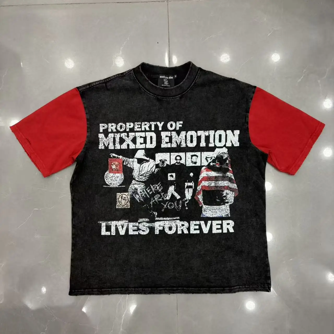 Vintage Emotion Patchwork Ripped Men T Shirt Contrast Crew Neck Oversized Distressed Tee Streetwear Hip Hop Graphic Top