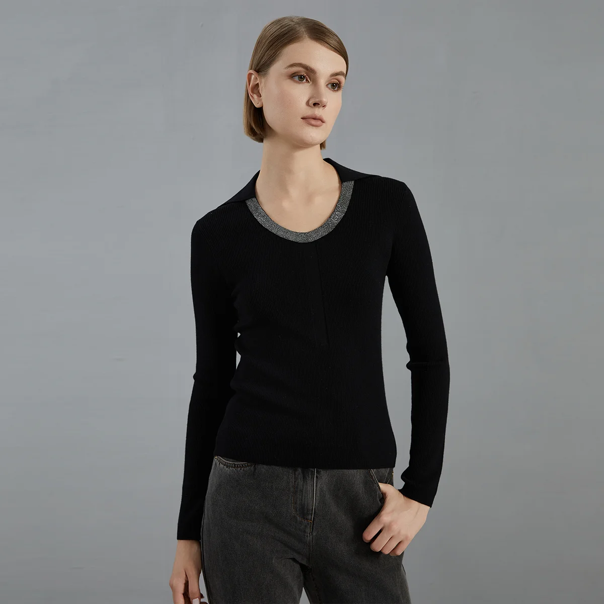 

BC780 Women's Knitted Wool Pullover Long-Sleeved Collar 100% Woolen Fashionable Casual Wear for Ladies