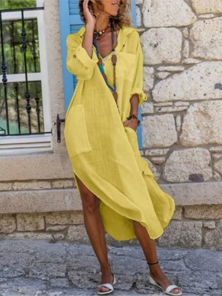 Lente/zomer damesmode effen kleur knop split losse shirtjurk casual lange mouwen polokraag katoenen gevoerde jurken