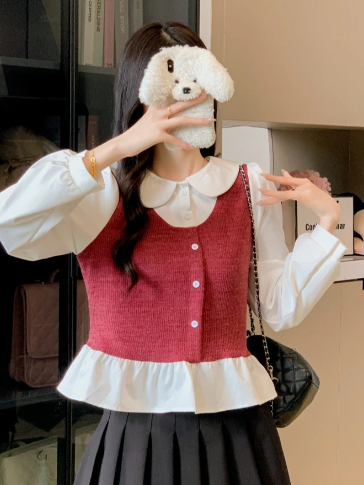 Echter Schuss Herbst Winter 2025, neue Mode, lässig, Patchwork, Kontrastfarbe, gefälschtes zweiteiliges Langarm-Shirt für Damen, elegantes Basis-Top