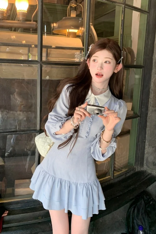 

Preppy Blue Textured Collar Shirt Dress Women's Summer Indie Style Long-sleeved Lace-Up Waist Ruffles Age-reducing Mini Dress