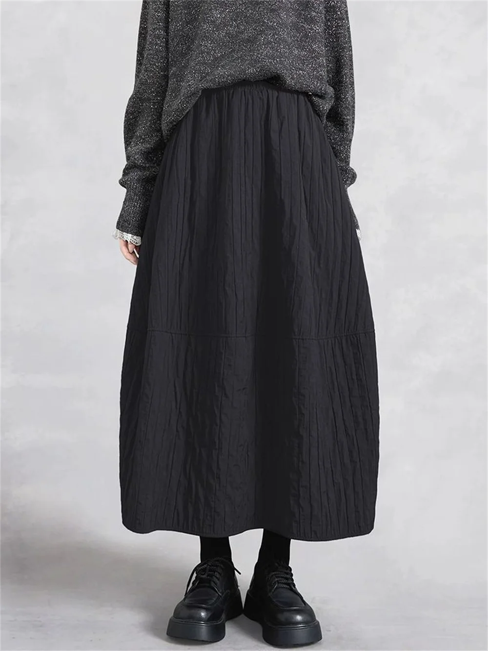 Vintage Black Stripes Pleated Long Skirt Women High Waist Elastic Loose Flowy A-Line Skater Midi Skirt Winter Casual Streetwear