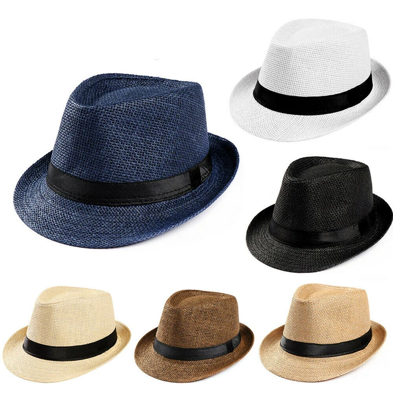 Hot Sale Unisex Fedora Trilby Hat Wide Brim Straw Cap Beach Sun Gentleman Adult Summer Outdoor Vacation Breathable Fashion