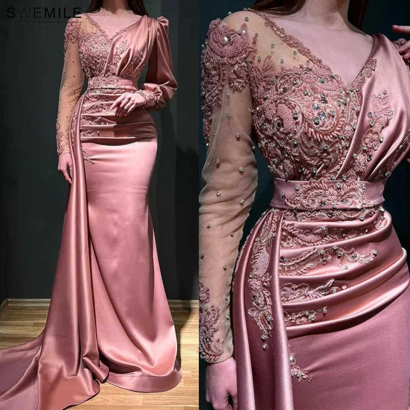

SWEMILE Appliqued Beaded Mermaid Evening Dresses V Neck Sheer Long Sleeves Dubai Saudi Formal Prom Dress Party Vestidos Noche