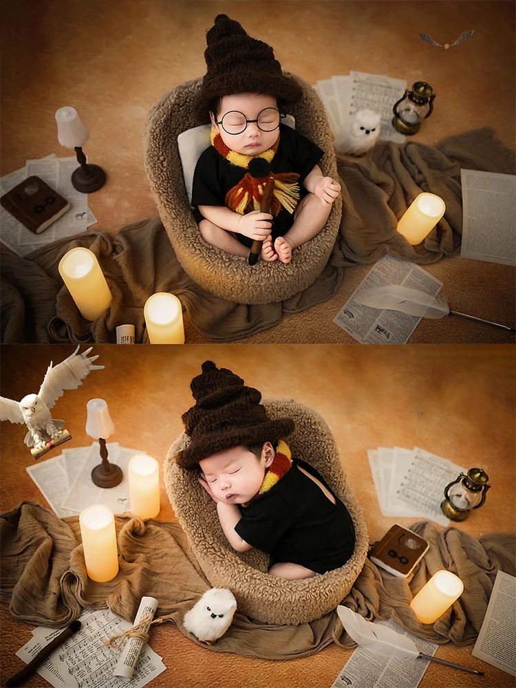 

Magic Academy Theme Newborn Photography Props Magic Hat+Scarf+Infant Bodysuit Set Handmade Spellbook Felt Wand Studio Photo Prop