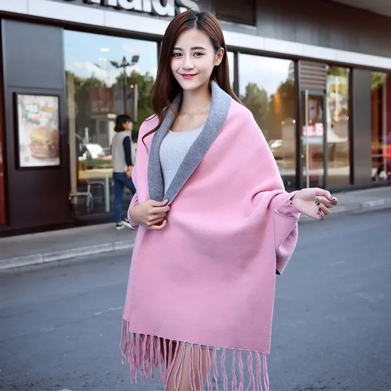 Autumn Winter Thickened Warm Belt Sleeve Shawl Reversible Scarf Dual-use Female Cloak Poncho Lady Capes Pink Cloaks