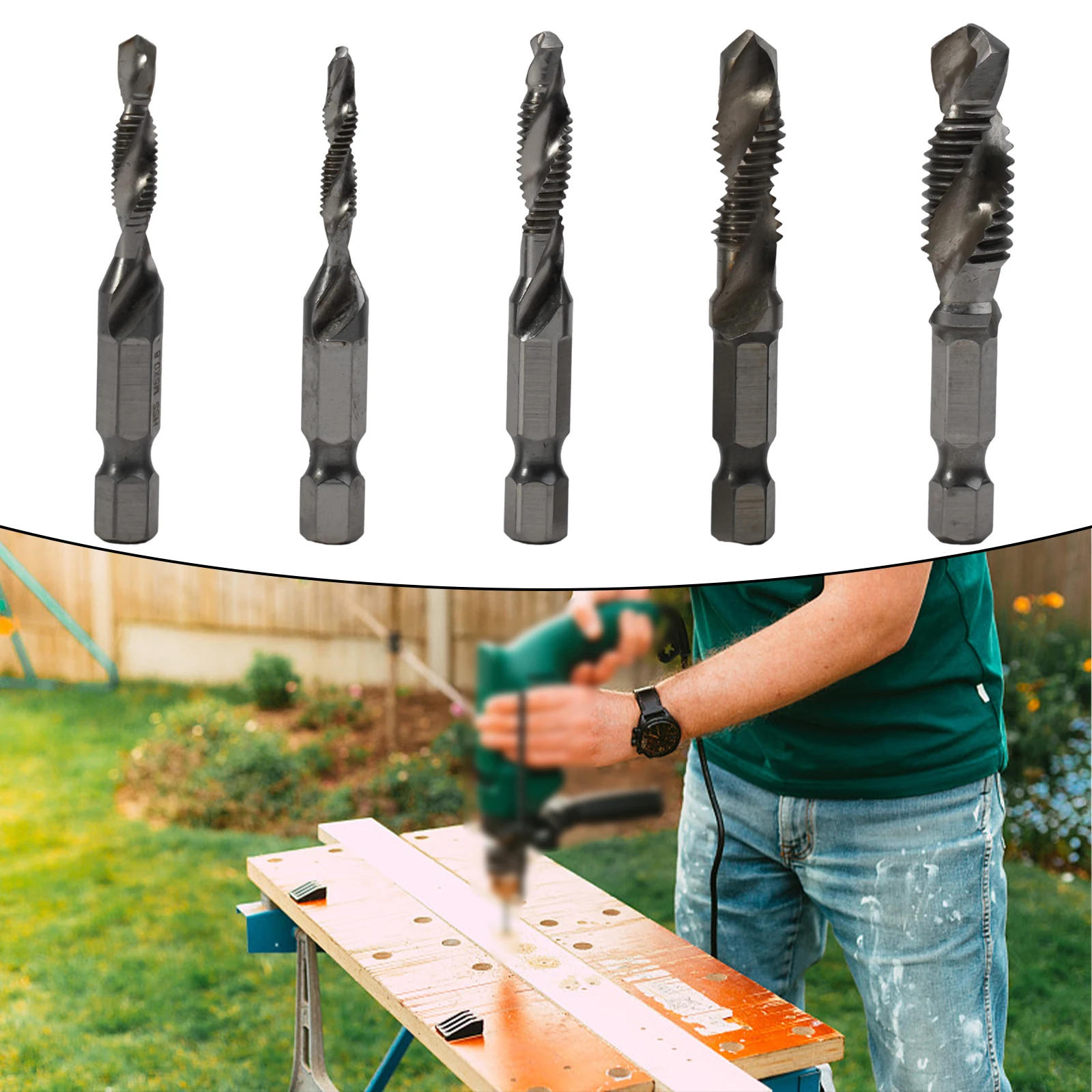 5pcs HSS Hex Shank Spiral Flute Tap Drill Bit Set M5 M6 M8 For M10 Metric Thread Screw Machine Tool For Metal Wood Plastic Drill