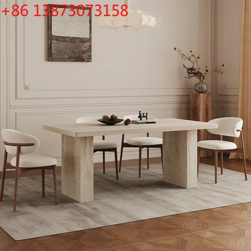 2026 French retro travertine rock slab rectangular dining table delivery upstairs to provide installation