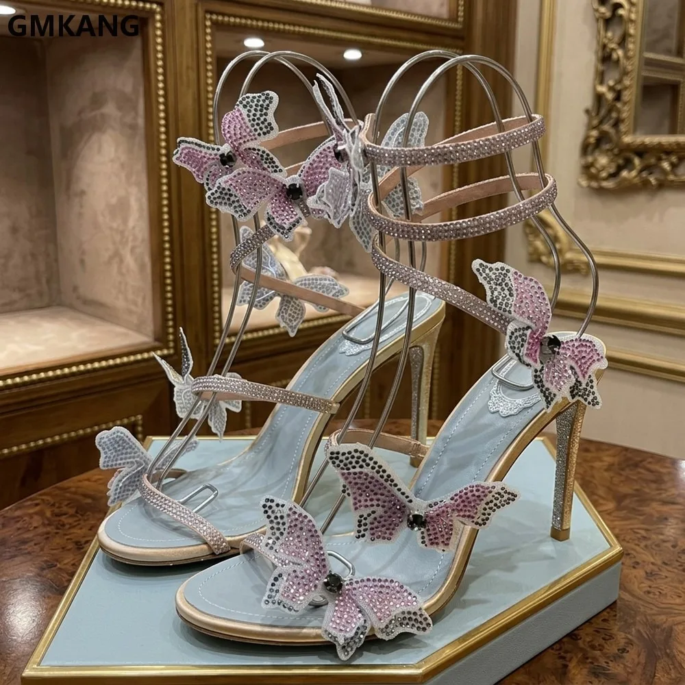 Summer High Heels Sandals Women Rhinestone Butterfly Knot Snake Wrapped Ankle Strap Stiletto Wedding Party Dress Shoes