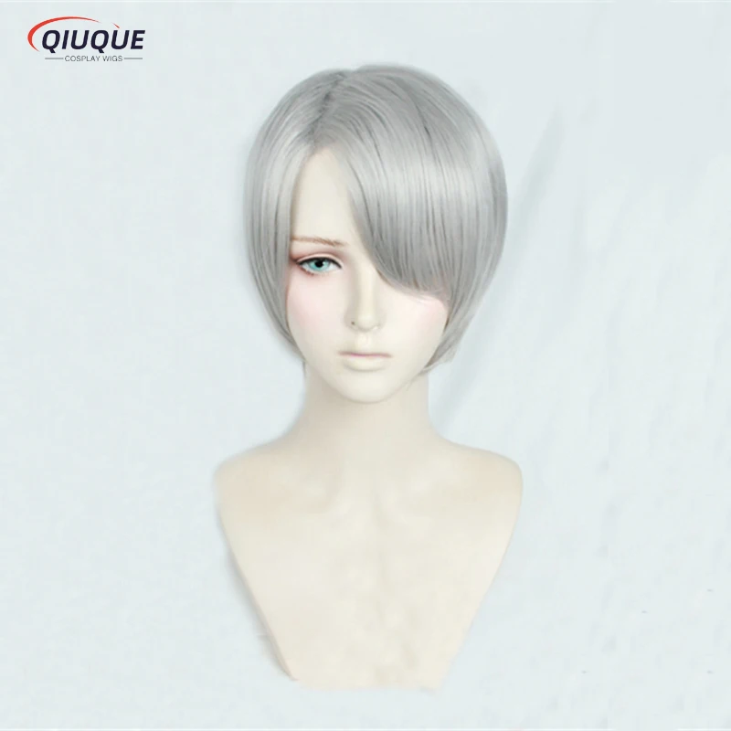 Anime Victor Nikiforov Cosplay Wig  Short Gray Mixed Heat Resistant Synthetic Hair Party Wig + Track + Cap