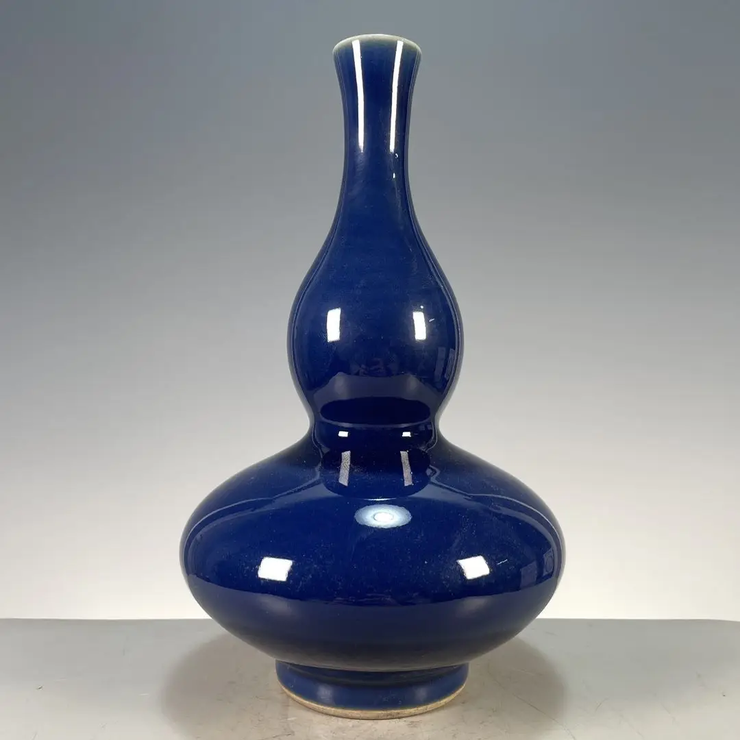 Sacrificial Blue Monochrome Glaze Gourd Vase Long Neck Vintage Chinese Porcelain Table Decor Ornament