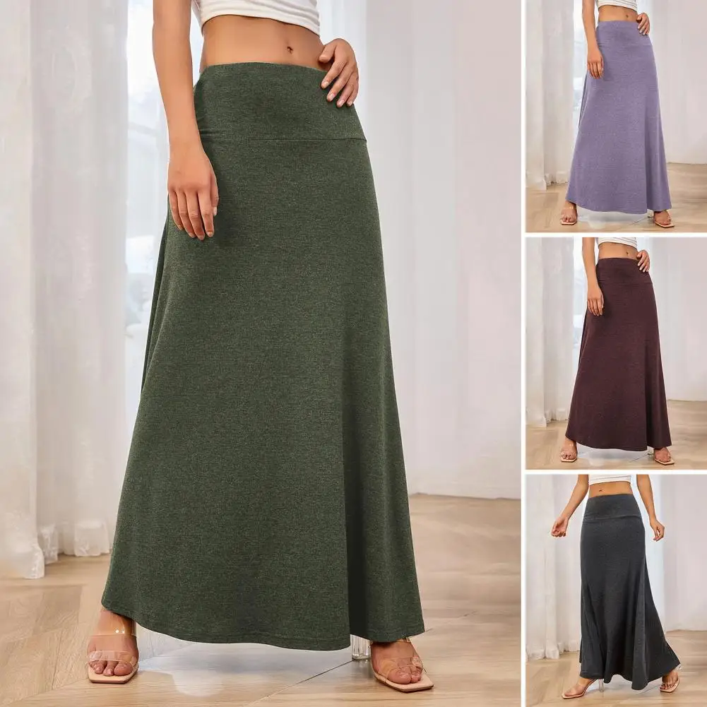 

Spring Autumn Women Maxi Skirt Elastic High Waist A-Line Long Skirt Solid Color Design Casual Knitting Skirt