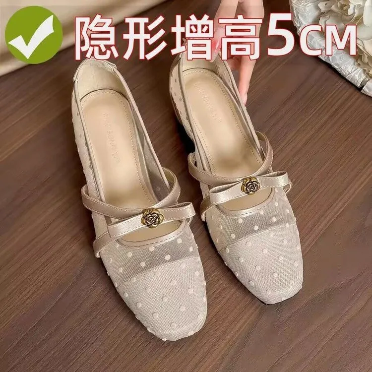 

Mesh Polka Dot Mary Jane Shoes Women Square Toe Flower Deco Strap Low Heel Breathable Casual Summer Daily Outdoor Ladies Pumps