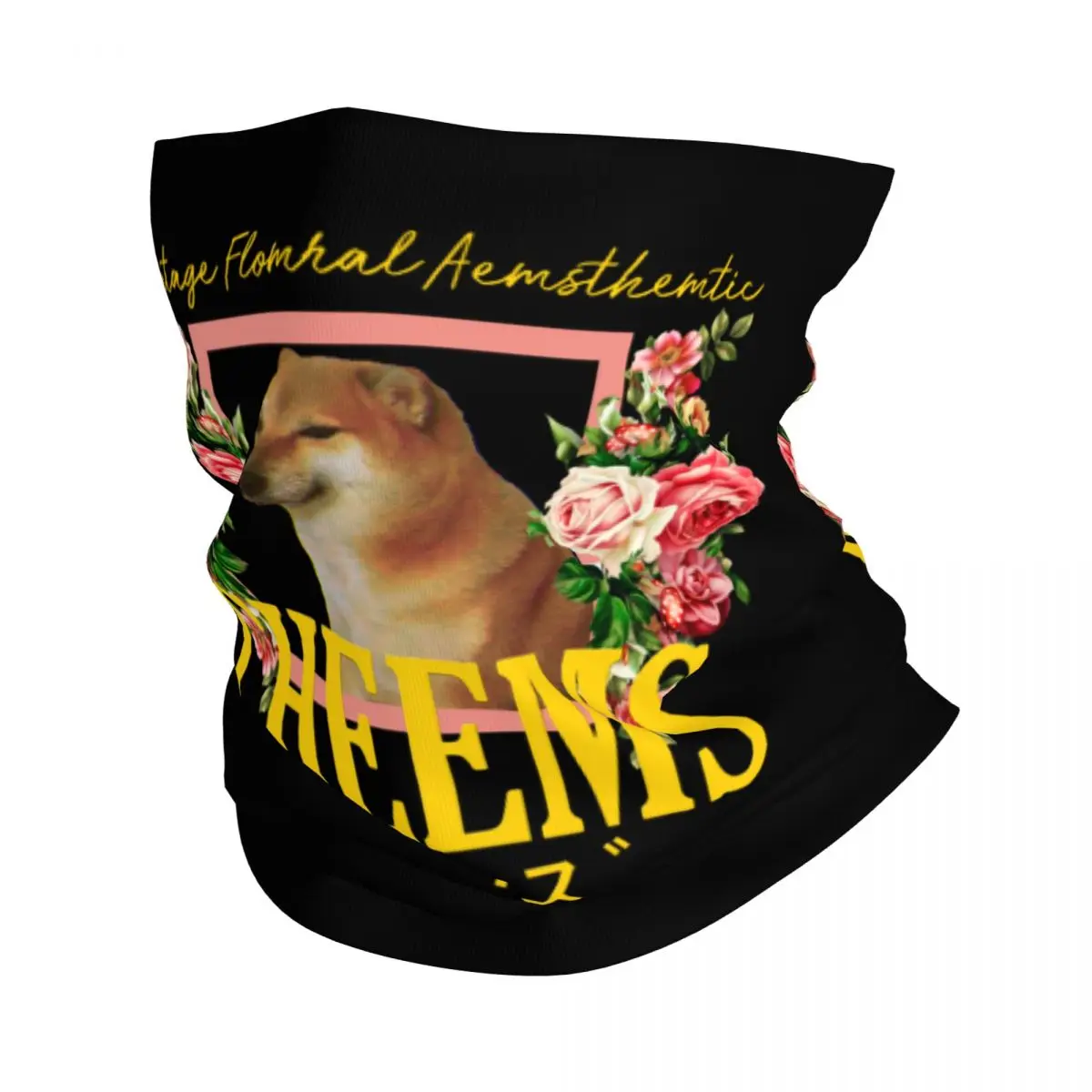 Cheems Vintage Floral Aesthetic Bandana Neck Gaiter for Hiking Running Wrap Scarf Funny Shiba Inu Meme Balaclava Warmer