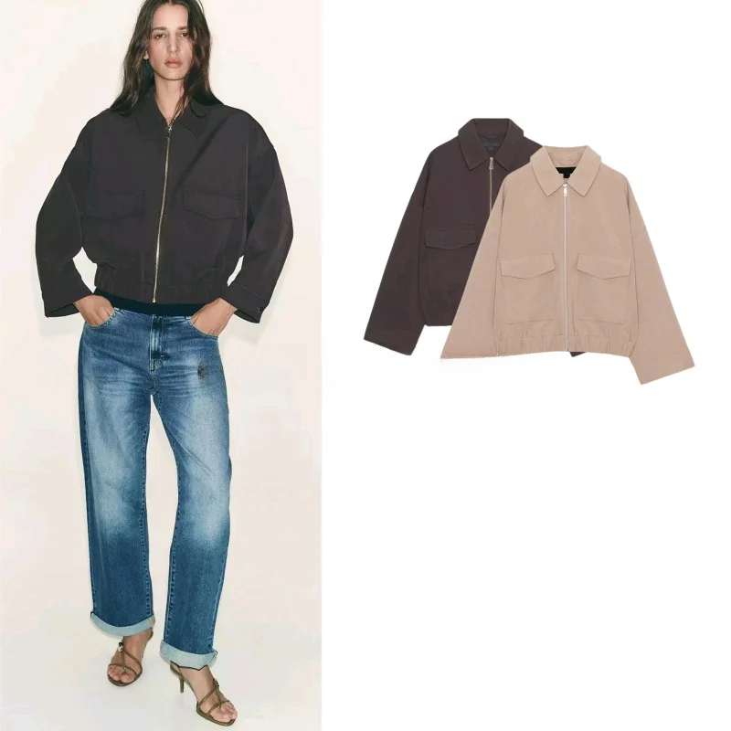 

Spring New Arrival Women's Zipper Long Sleeve Collared Elastic Hem Jacket Outerwear Breathable Loose Fit Polyester Fiber