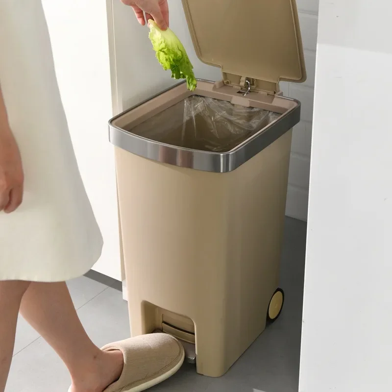 Kitchen Large Trash Can Simple Household Garbage Bins Pedal Movable Garbage Containers Home Cleaning Organizer Rubbish Bin