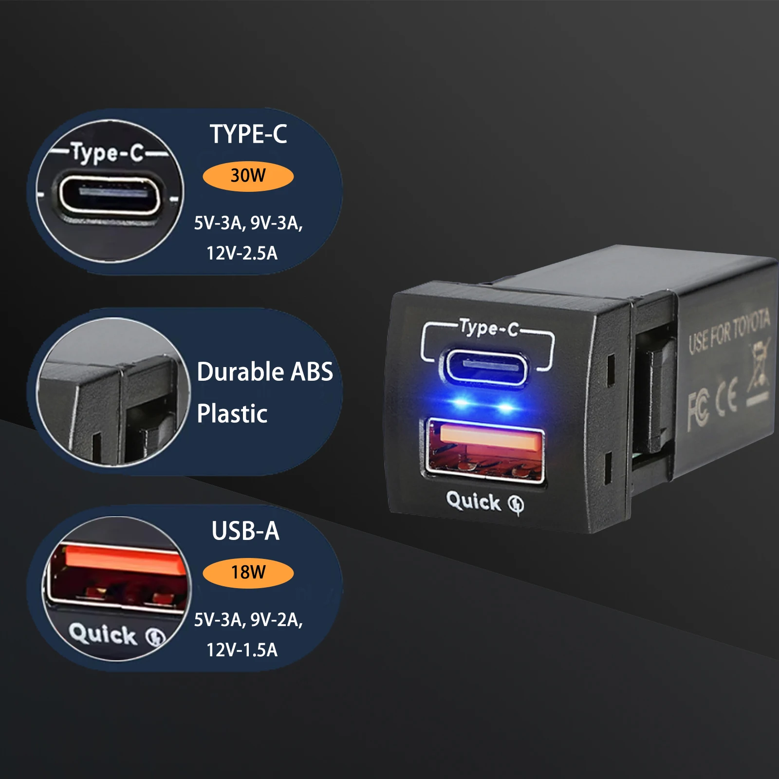 48 واط شاحن سريع USB Type-C PD 2 منافذ دفع التبديل شاحن لتويوتا كورولا الهاتف المحمول 12-24 فولت محول مأخذ التوصيل مع سلك