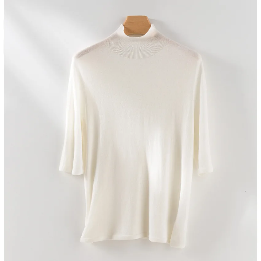 Soft silky smooth anti-pilling good quality cashmere silkworm silk mid-sleeved half turtleneck bottom knit