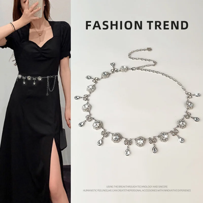 

2025 New Fashionable Rhinestone Pendant Inlay Metal Waist Chain Individuality Women Paired with Dress Accessory Belt for Women