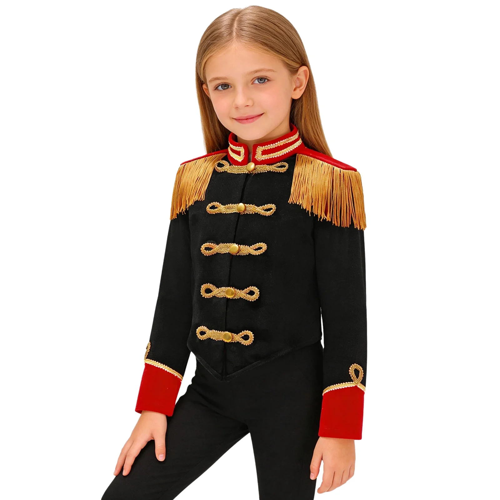 Kid Girls Halloween Circus Ringmaster Costume Drum Marching Band Honor Guard Major Jacket Long Sleeve Fringe Tassel Epaulet Coat