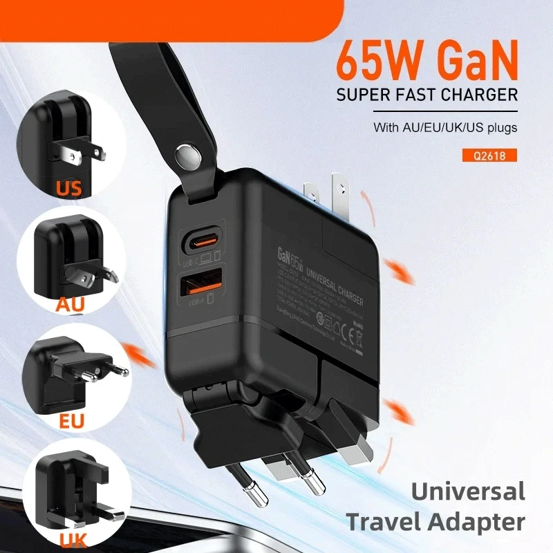 

GaN 65W Fast Charger Type C Universal Travel Adapter – US/EU/UK/AUS Plugs, All-in-One Portable USB Charger for Travel