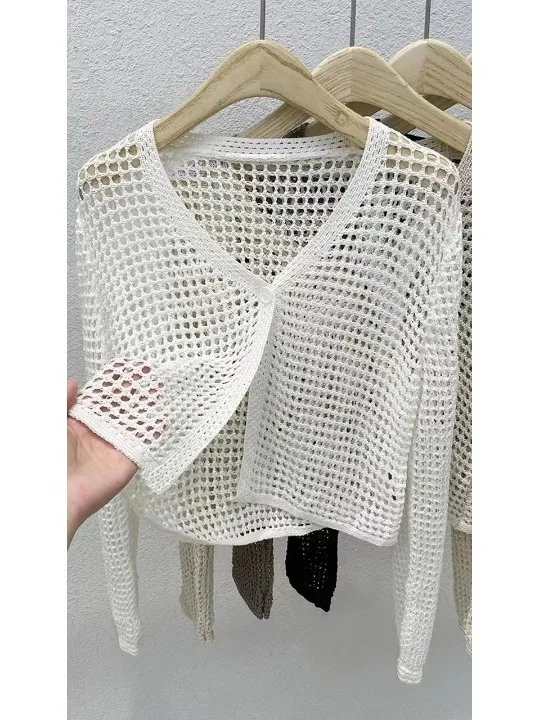 

Летний ажурный шелковый вязаный кардиган с V-образным вырезом и длинными рукавами, тонкая накидка, стандартный крой