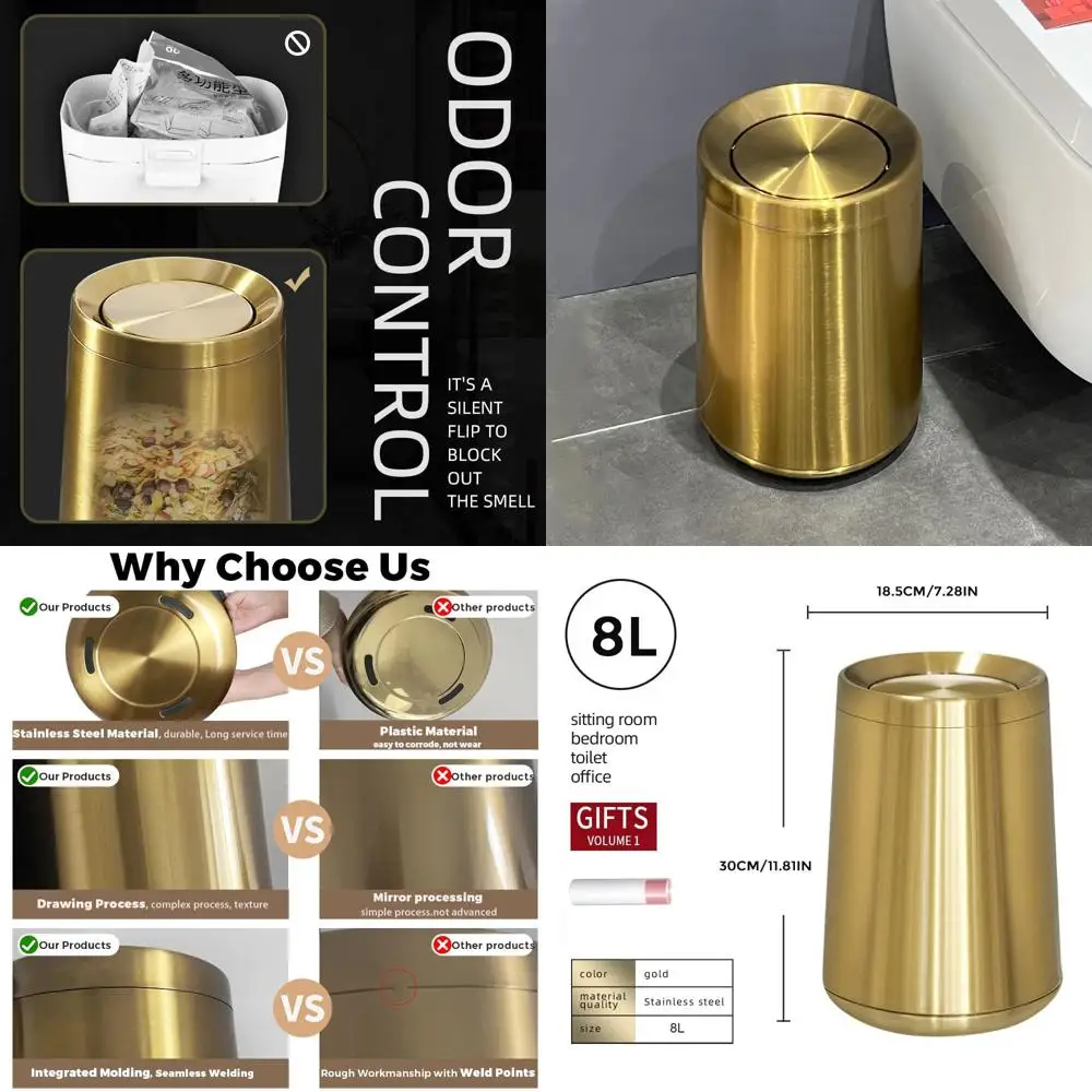 

8L Matte Gold Swing Lid Trash Can for Bathroom, Powder Room, Bedroom, Laundry Room