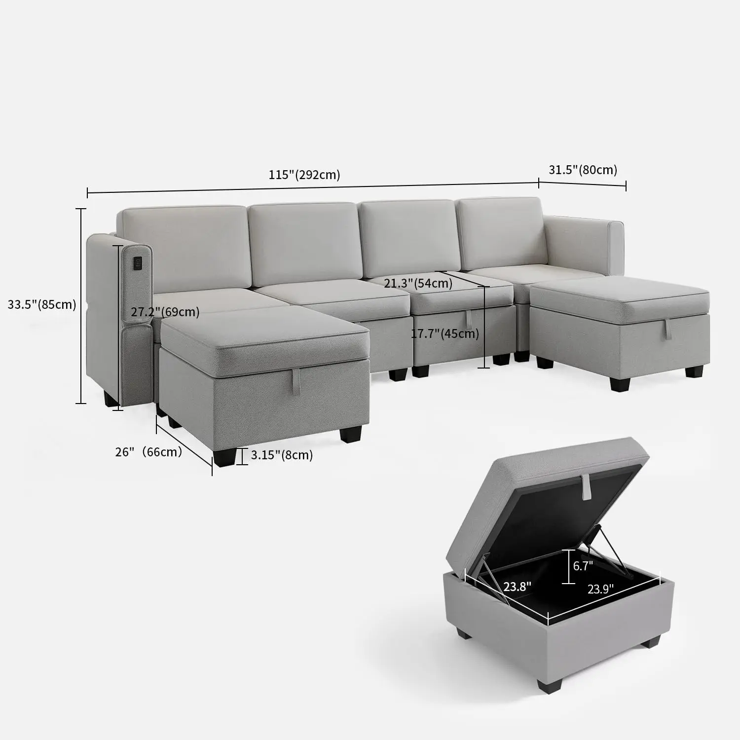 Convertible Modular Sectional Sofa Sleeper Couch U Shaped Modular Sofa with Storage Seat, 6 Seat Sectionals Couch Grey