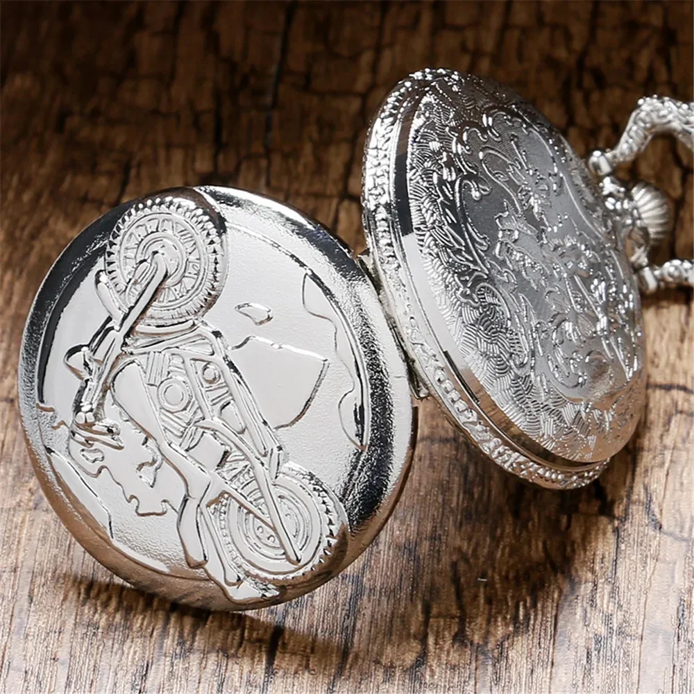 Vintage Silver Motorcycle Embossed Pocket Watch with Chain Retro Flip Open Quartz Pendant Watch for Men Women Gift