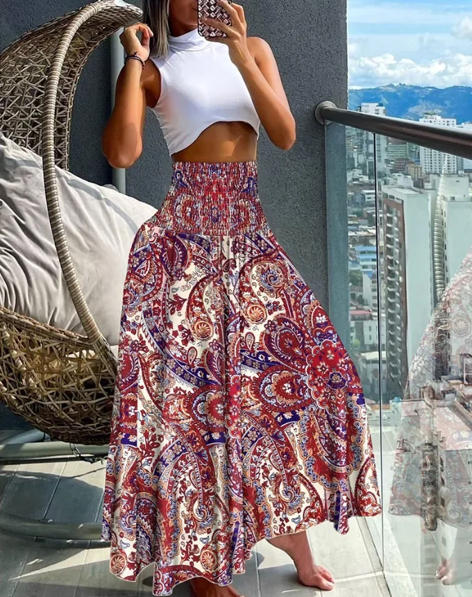 

Printed Skirt Large Swing Skirt for Women Summer Big Swing Skirts High Waist Slimming Casual Bohe Streetwear Skirts