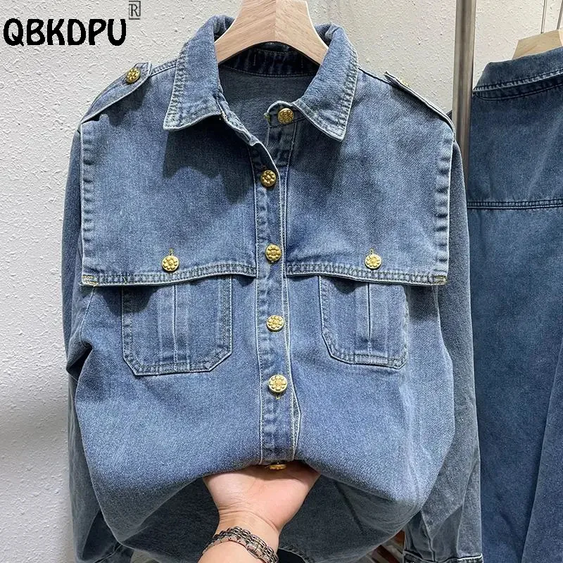 Casualowy wzór Jean bluzki damskie pojedyncze piersi kieszeń Vintage jeansowe koszule nowa wiosna jesień myte moda Blusas Mujer