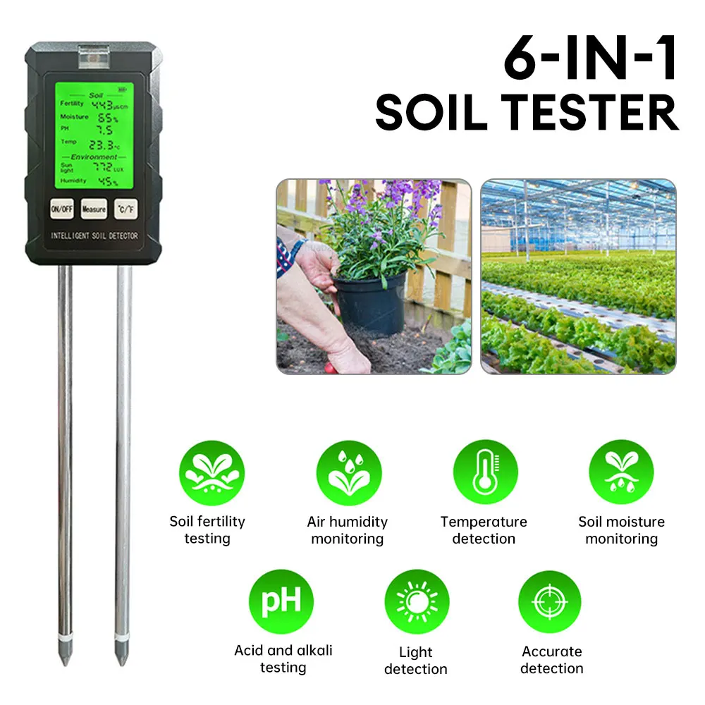 Probador de PH y humedad del suelo 6 en 1, medidor de fertilidad de agua y nutrientes, alta precisión, jardinería doméstica, flores y césped