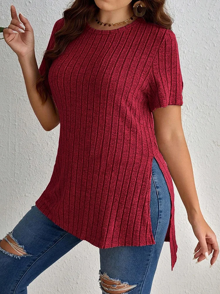 GIBSIE Plus Size Summer New Solid Rib-knit T Shirt Women Fashion Crew Neck Short Sleeve Split Casual T-Shirt Tops Female