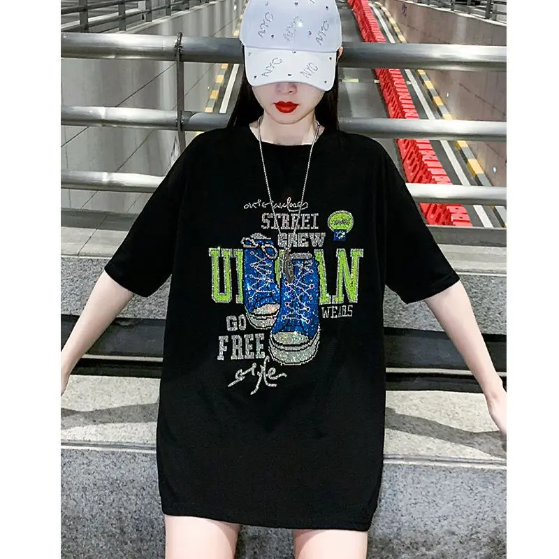 T-shirt surdimensionné Flash Diamond, vêtements de repassage, gros MM pur coton, haut à manches courtes pour femmes