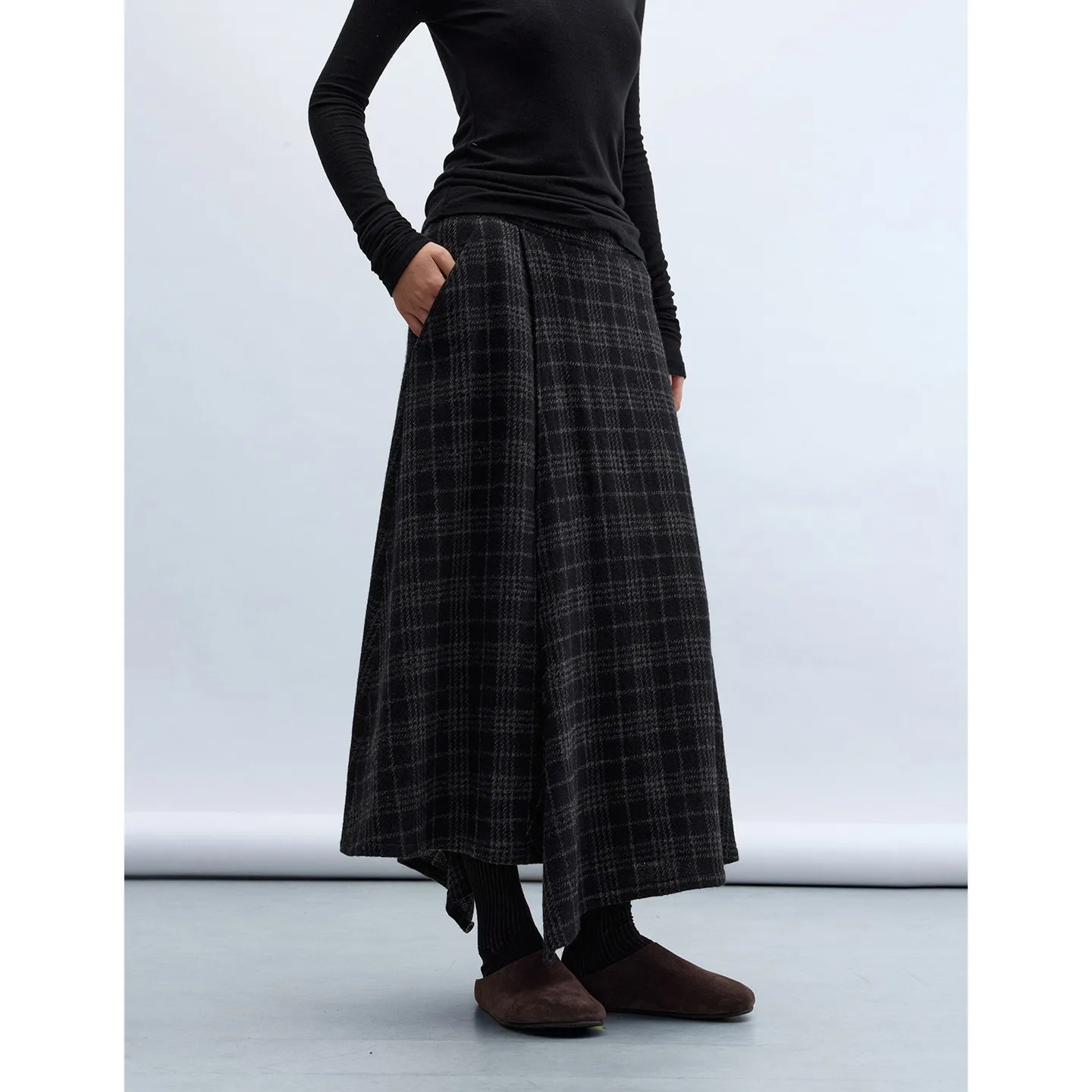 

High-Quality ~ Yarn-Dyed Plaid 100% Wool Skirt 2025 Women's New Asymmetrical Split A-Line Long Skirt
