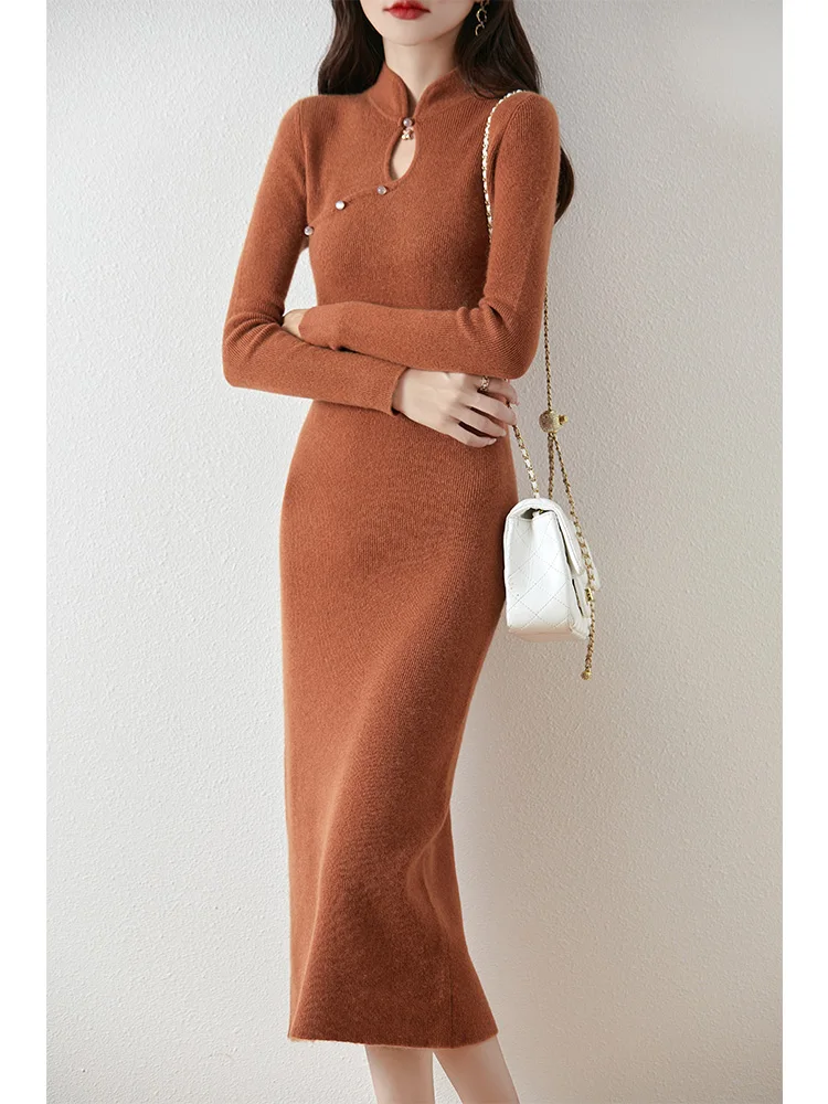 Chinesischen Stil Wolle Kleid Frauen Pullover Pullover 100% Merino Wolle Strickwaren Schlank Elegante Retro Röcke Herbst Winter Weiche Kaschmir