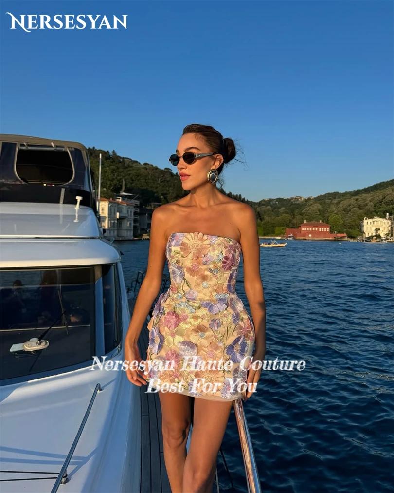 Nersesyan Boho Lace Prom Dresses Strapless Mini Appliques Cut Out A Line Party Gowns Backless 2025 Summer Guest Dress Customized