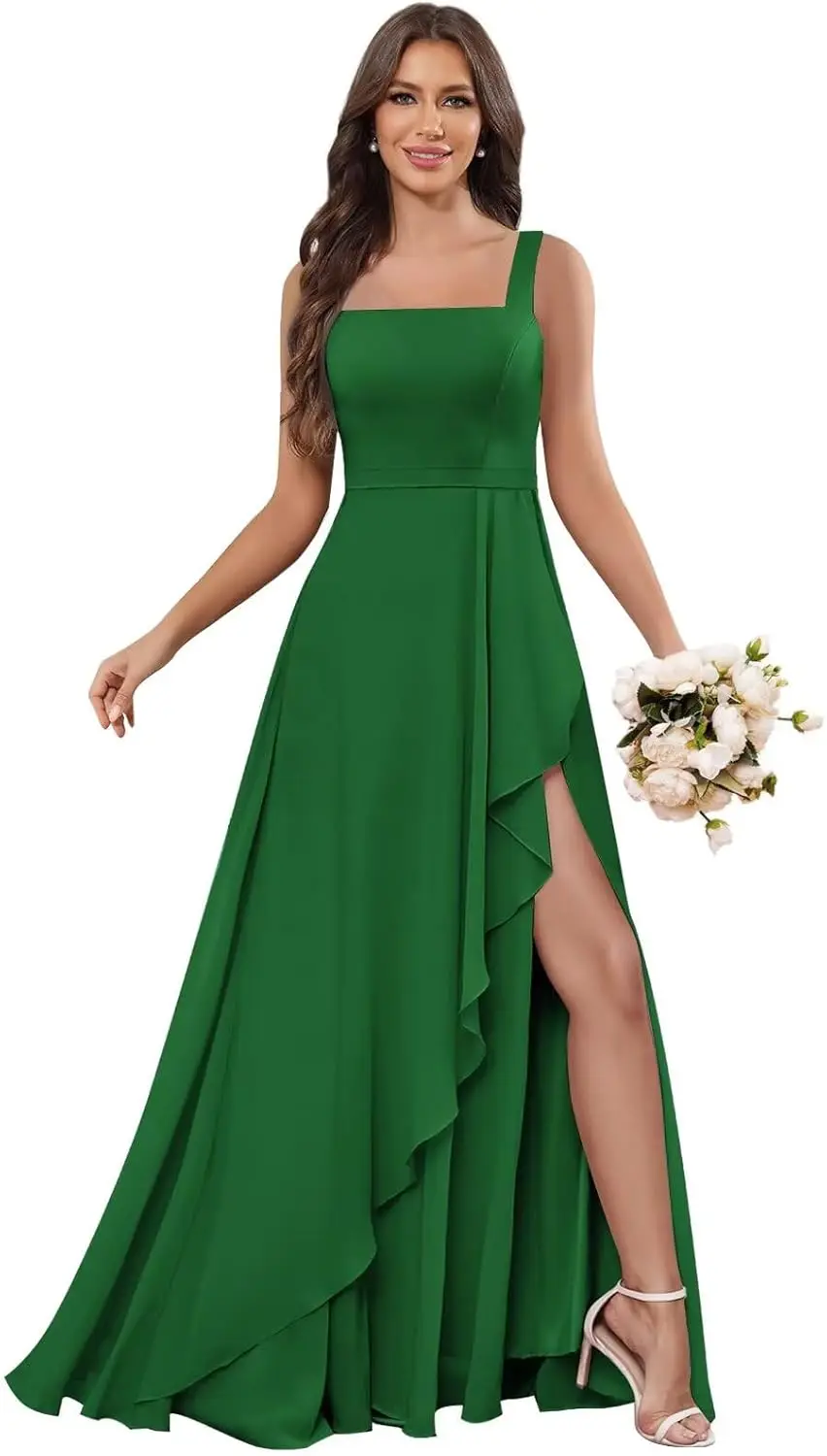 シフォン ブライズメイドドレス ロング スリット付き ノースリーブ プリーツ Aライン ロング フォーマルイブニングドレス エレガント ボールドレス フォーマルパーティードレス