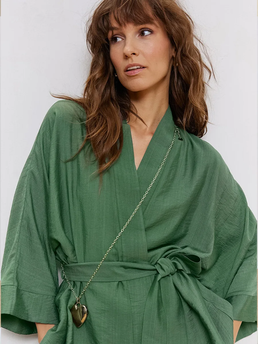 Blubelle conjunto de pijama de manga comprida feminino novo outono verde rendas até pijamas calças soltas lazer casa roupas conjunto de 2 peças