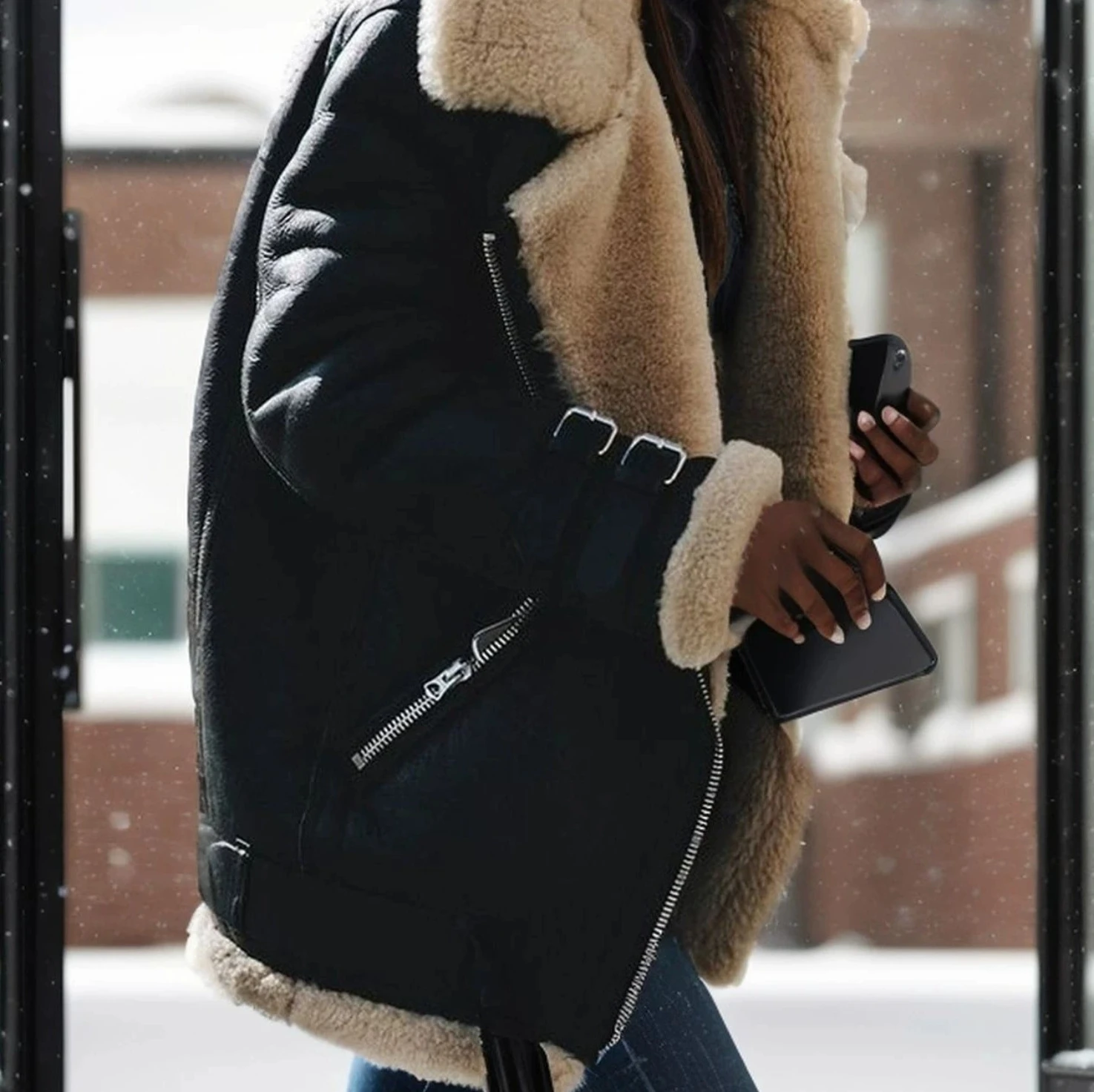 2025秋冬新作 レディース バイクジャケット |   襟付きファー コットン スエード ラムウールコート |   ゆったりとした厚手の暖かいファー襟