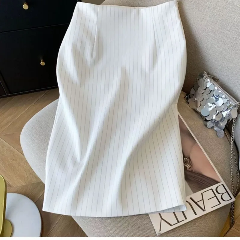 2026 New Striped High Waist Split Pencil Skirt Women Elegant Commute Office Work Slim Fit Professional Midi Skirt