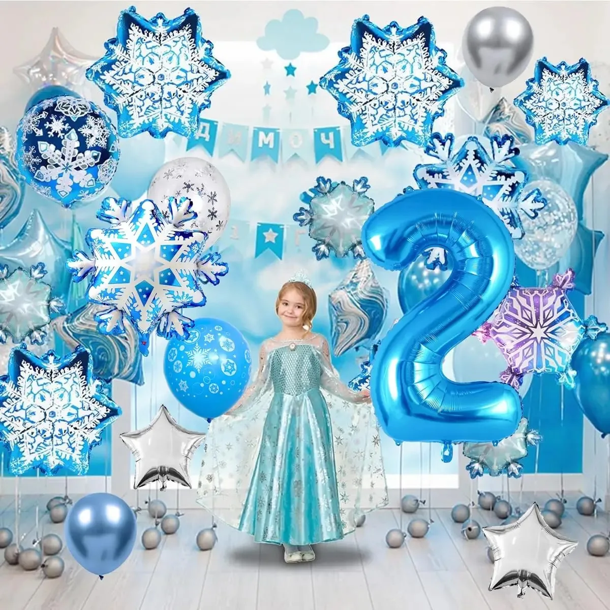 5-teiliges Schneeflocken-Zahlenfolienballons-Set, Blaue Frozen-Themen 32-Zoll-Zahlenballons für Baby-Geburtstag Winter-Party-Dekoration – Detail 2
