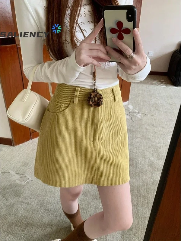 SALIENCY Women Mini Skirts Casual A Line New Retro High Waisted Corduroy Skirt Office Ladies Skirt Spring Autumn 2025