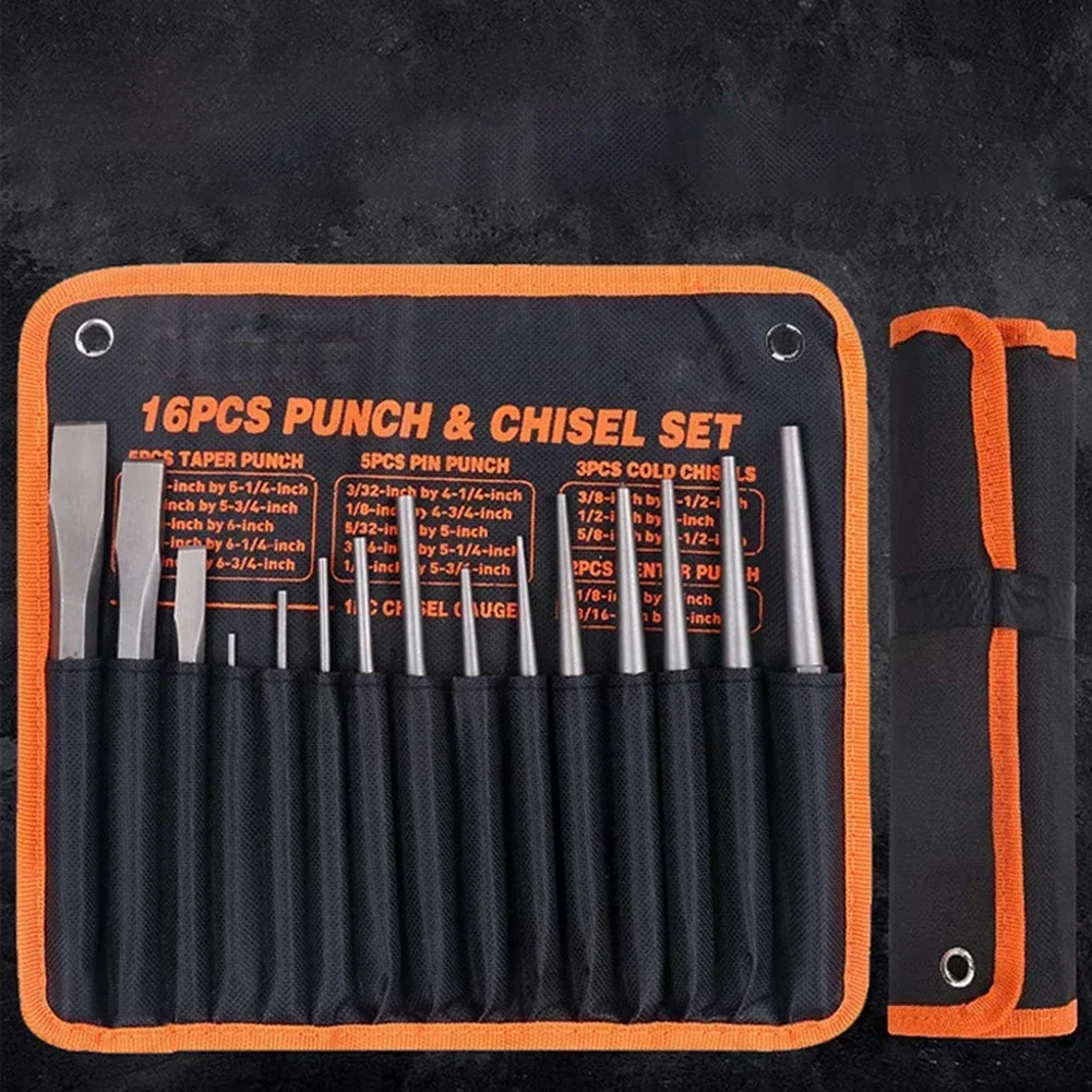 

12pcs Punch And Chisel Set In Storage Bag With Hanging Eyelets Taper Punch Cold Chisel Pin Punch Center Punch Ball Splitter